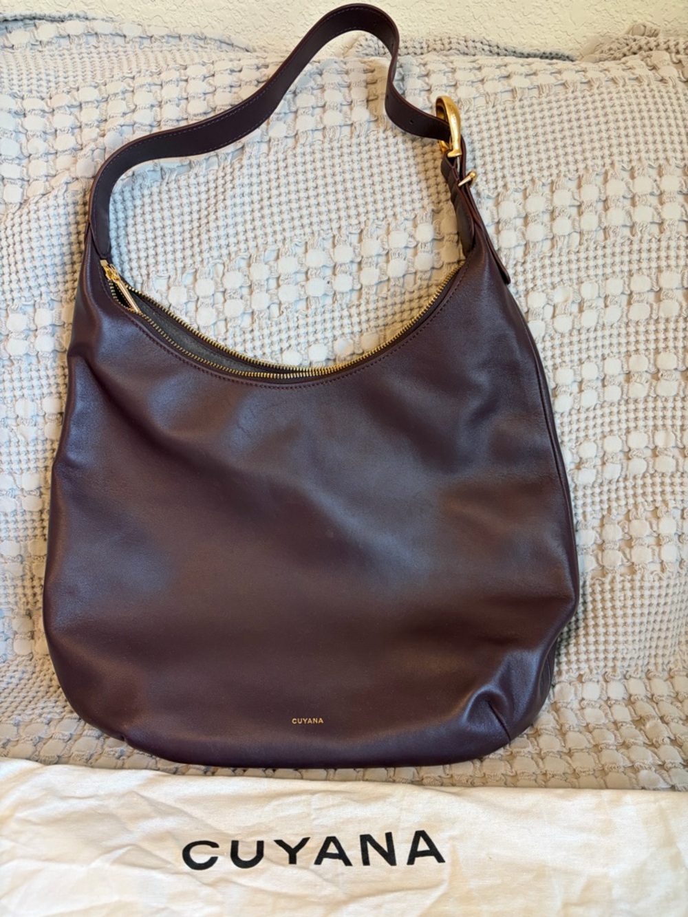 Beautiful Cuyana Oversized Celestial Bag in Plum with gold hardware